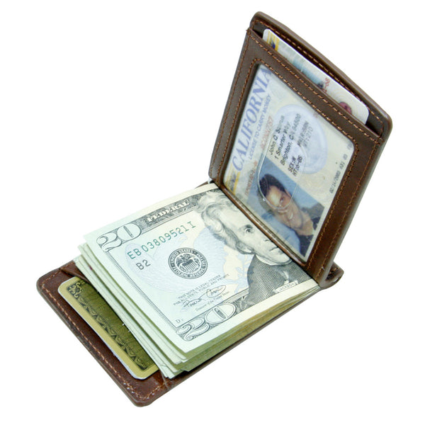 Storus Razor Wallet™ - Dark Brown - open view with cash and ID inside