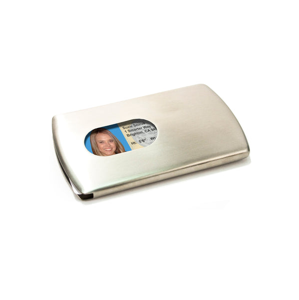 Storus Smart Card Case Brush Metal front side shown with card removal opening finger thumb hole