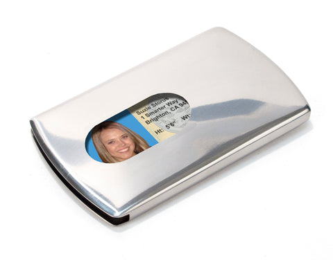 Storus Metal Smart Card Case front side with thumb hole and ID inside