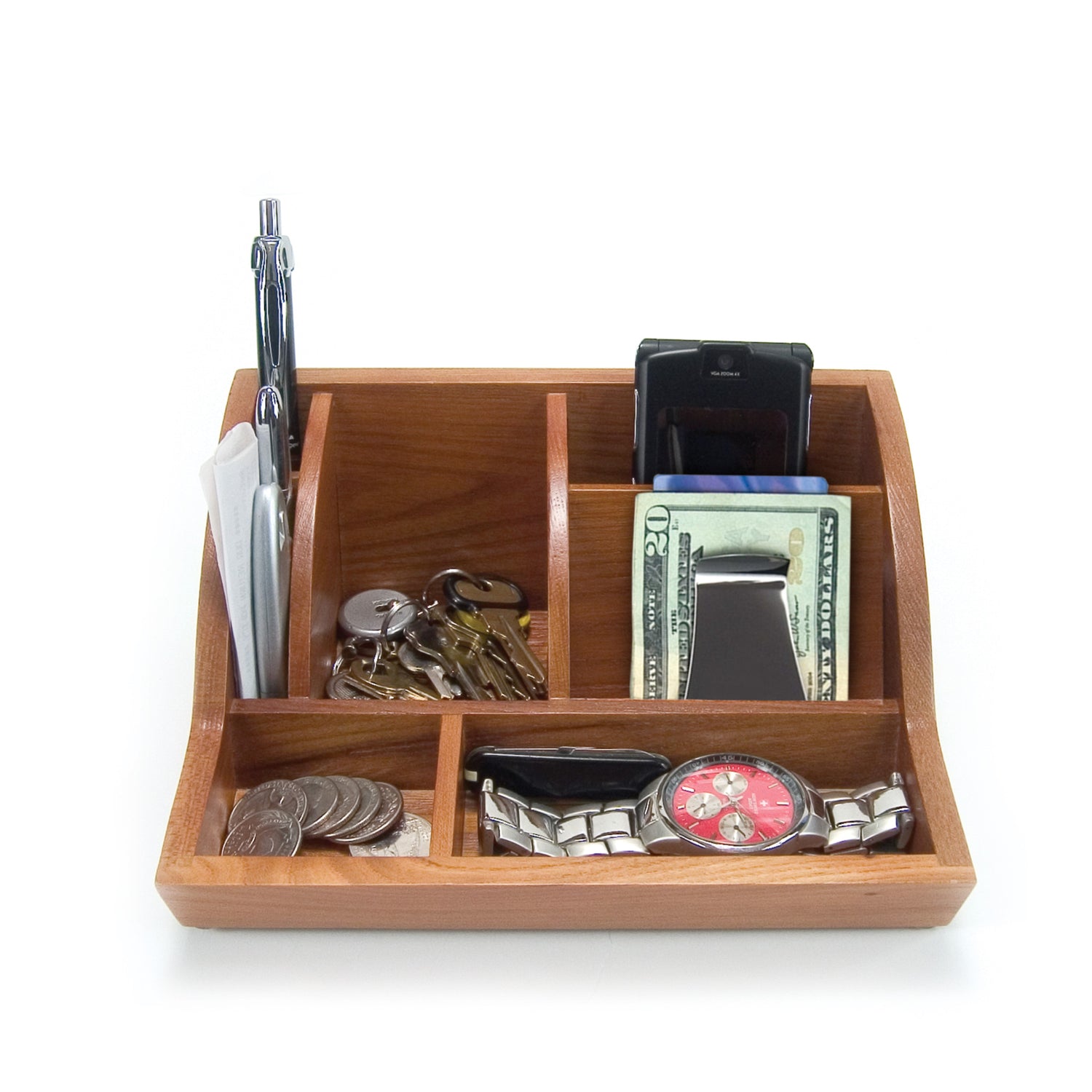 Storus® Smart Valet Tray® - Oak - front shown full of items - #ScottKaminski #Storus #MoneyClip #SlimClip #bestmoneyclip #groomsmengifts #gifts #wedding #fathersday #golf #Swag #Love