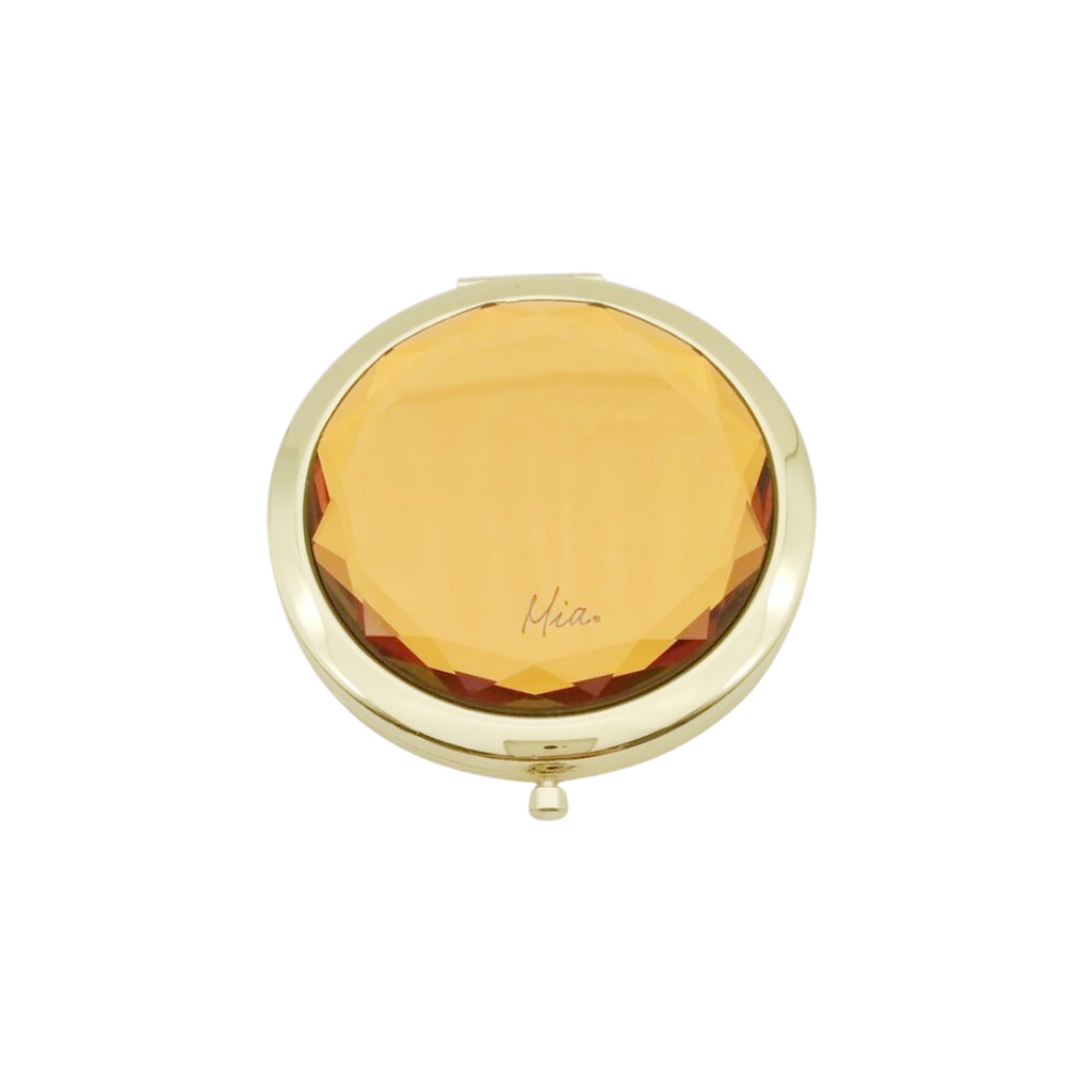 Mia Beauty Jeweled Compact mirror with gold metal and gold glass rhinestone