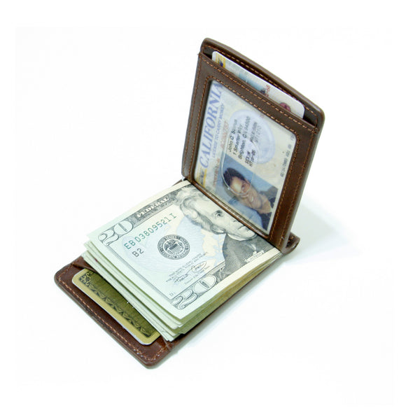 Storus Razor Wallet™ w/ Engraving Plate - Dark Brown color open view with cash and ID inside