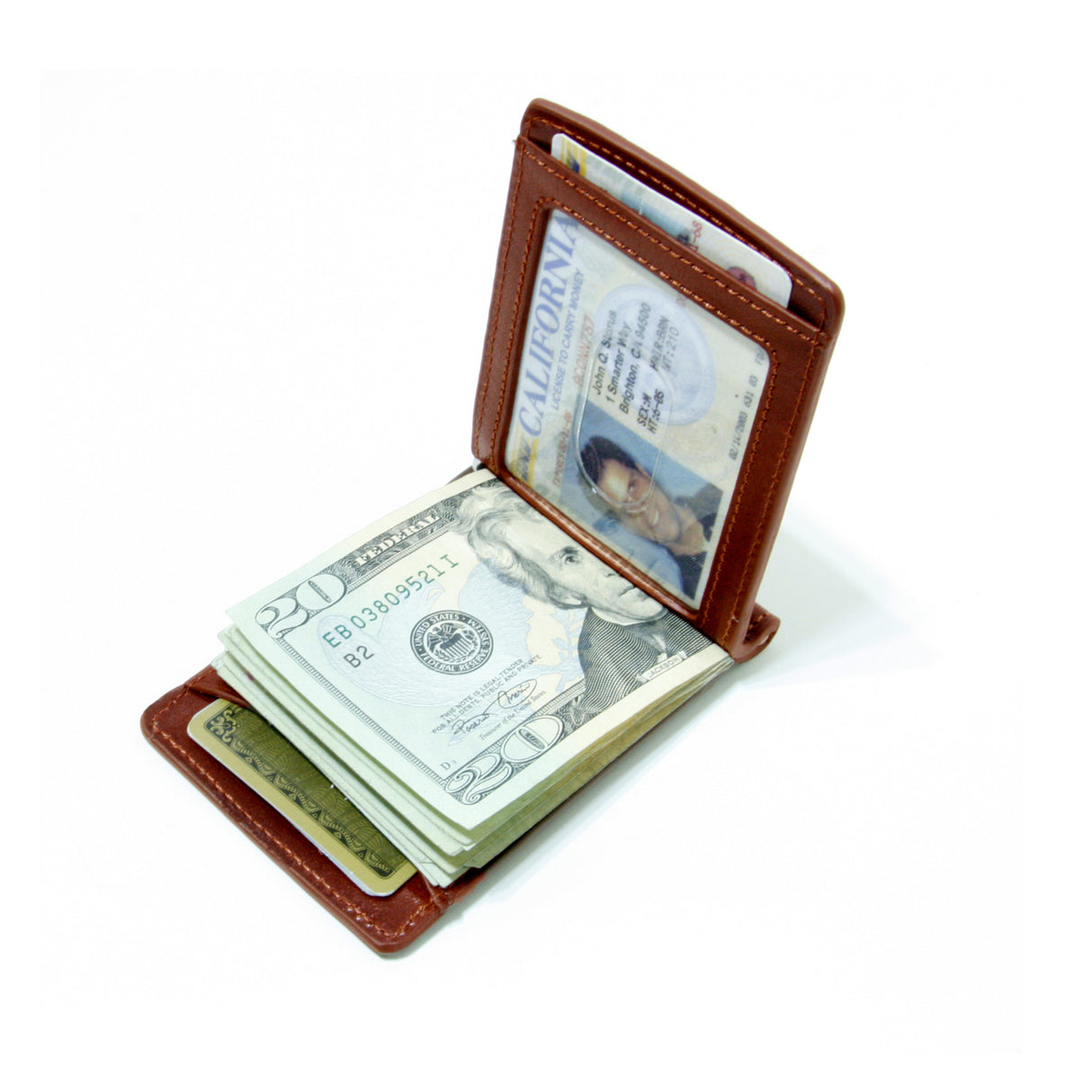 Storus Razor Wallet™ International Size Medium Brown color open view with cash and ID inside