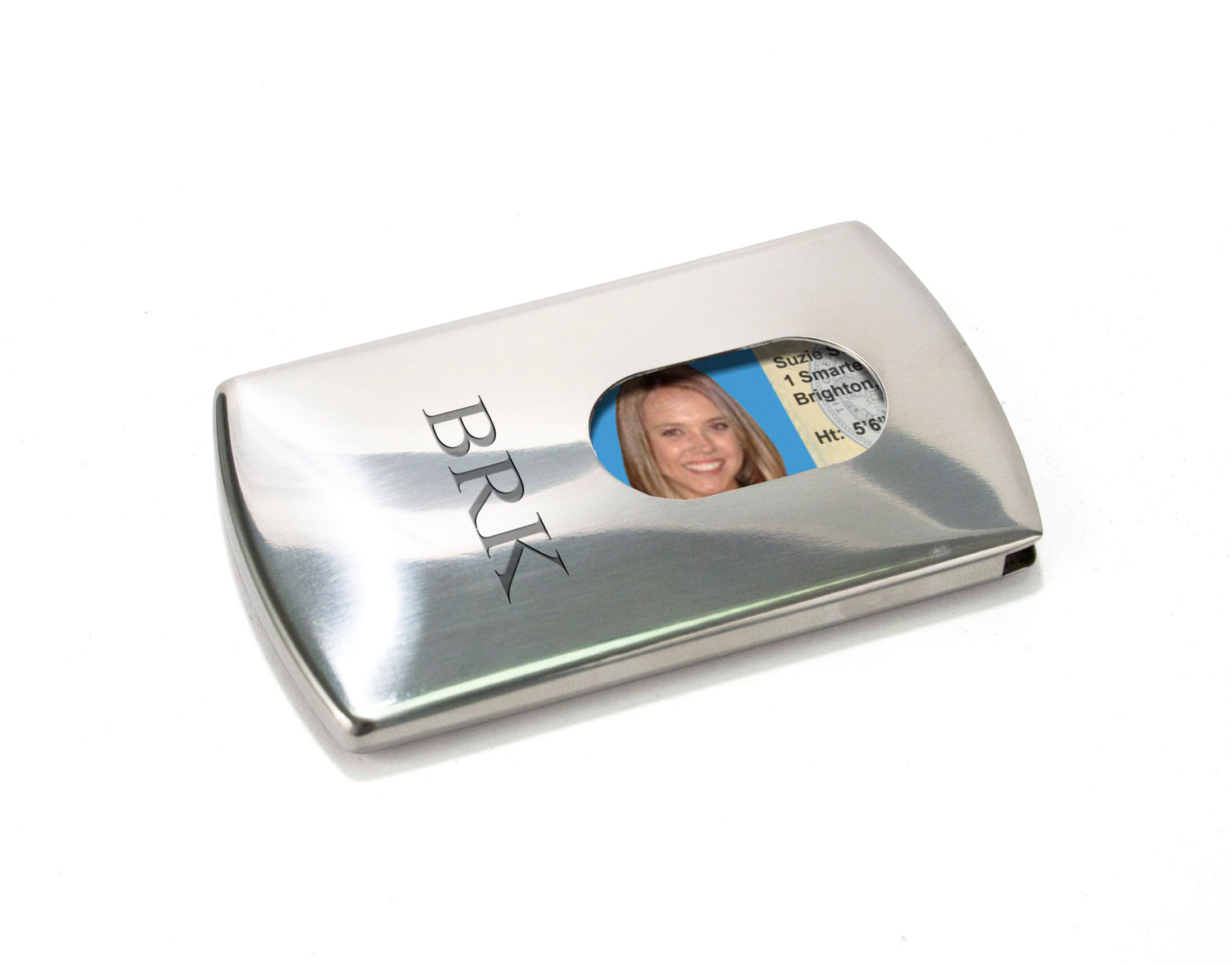 Storus Metal Smart Card Case front side with thumb hole and ID inside engraved