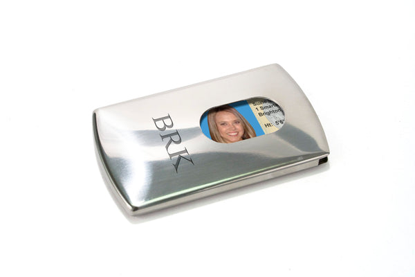 Storus Metal Smart Card Case front side with thumb hole and ID inside engraved