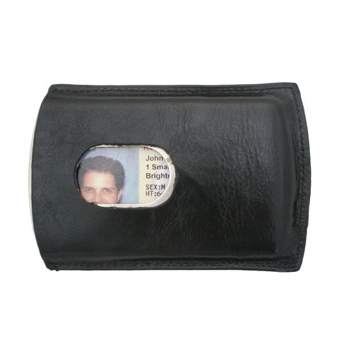Storus® Metal Smart Card Case With leather Cover - Black - front side with thumb hole and ID inside - #Storus #ScottKaminski #SmartCardCase #cardcase