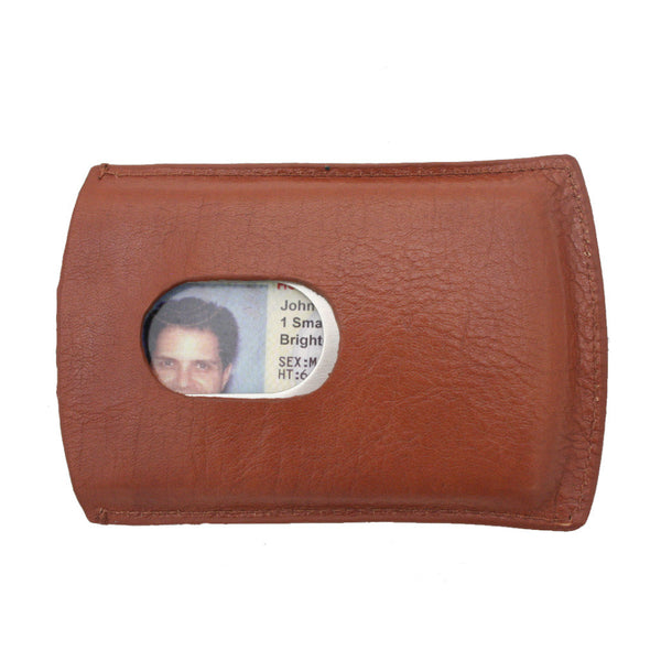 Storus metal Smart Card Case With leather cover cognac color front side with thumb hole and ID inside