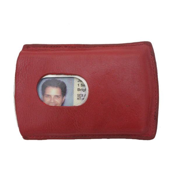 Storus metal Smart Card Case with leather cover red color front side with thumb hole and ID inside