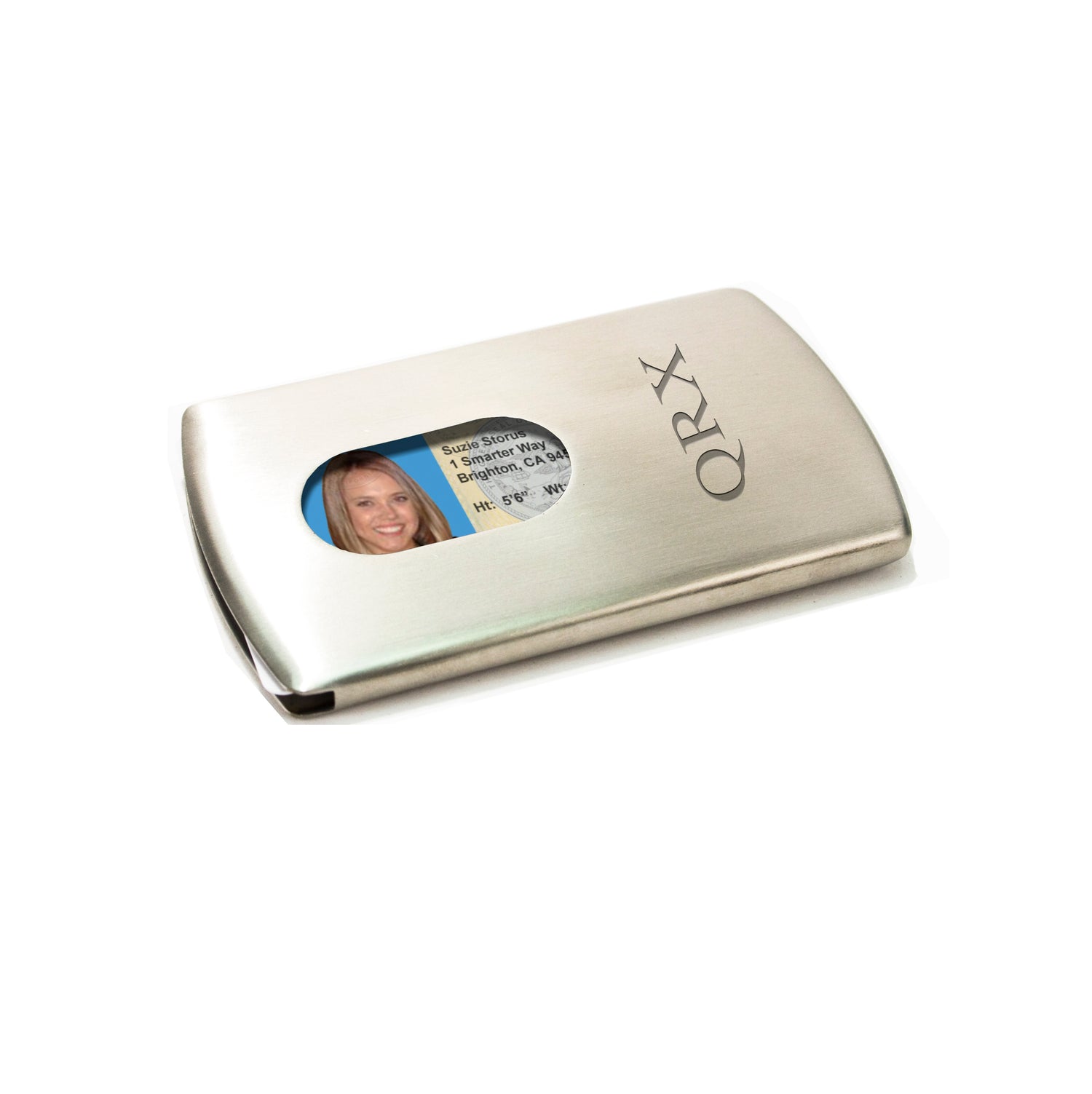 Storus® Smart Card Case® Brush Metal front side shown with card removal opening finger thumb hole and engraved with QRX
