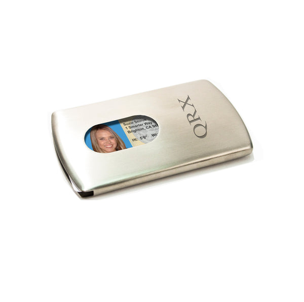 Storus® Smart Card Case® Brush Metal front side shown with card removal opening finger thumb hole and engraved with QRX