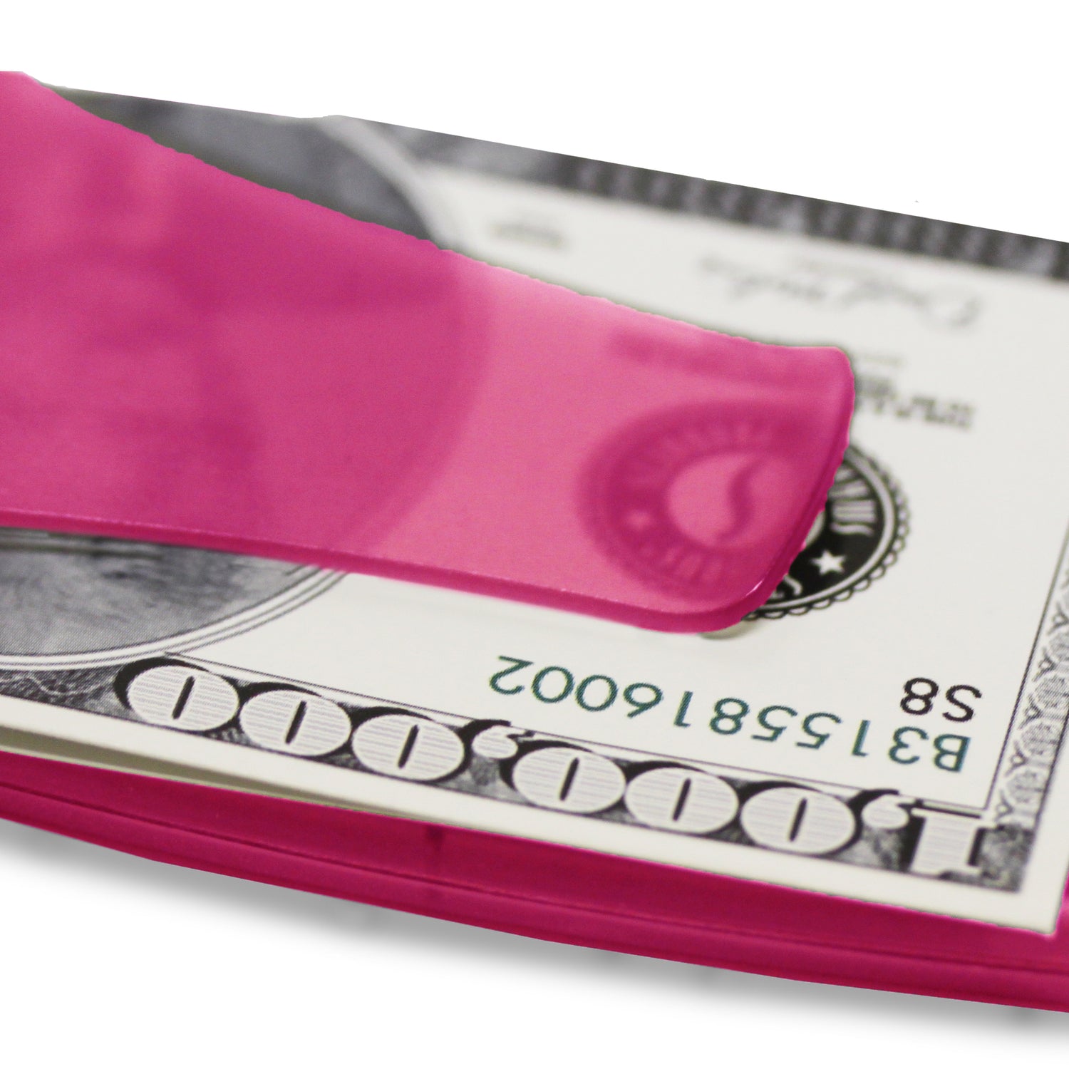 Smart Money Clip® Lite - Pink - Storus - clip side shown with a fake dollar bill inside