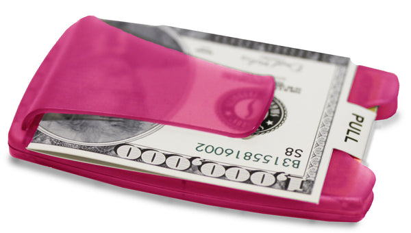 Smart Money Clip® Lite - Pink - Storus - clip side shown with a fake dollar bill inside