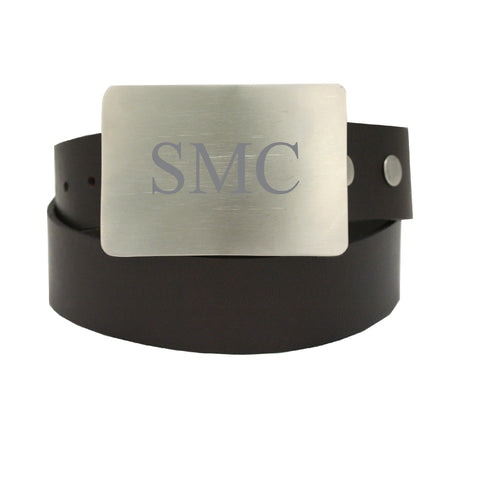 Storus Smart Belt Buckle™ - Titanium finish on leather belt strap engraved