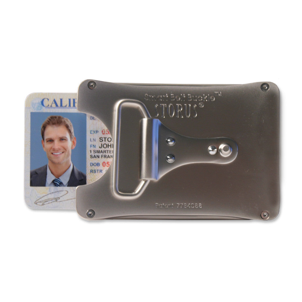 Smart Belt Buckle™ Titanium cards sliding out back view 