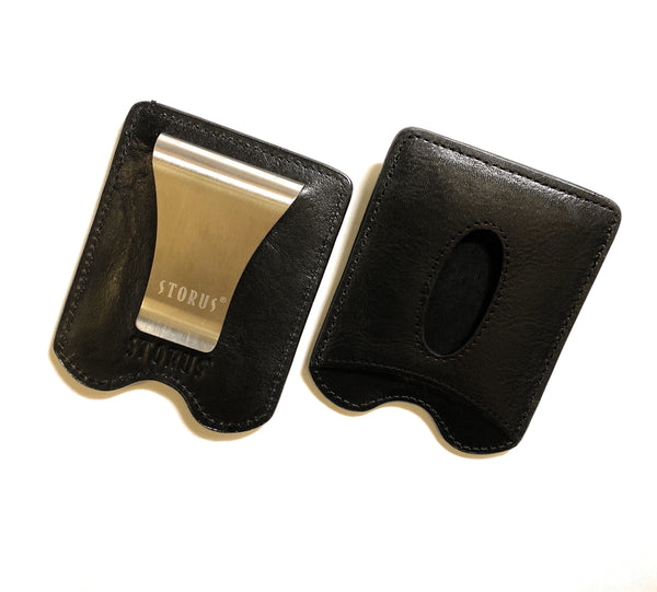 Storus® Smart Money Clip Leather - black - front and back shown side by side  empty