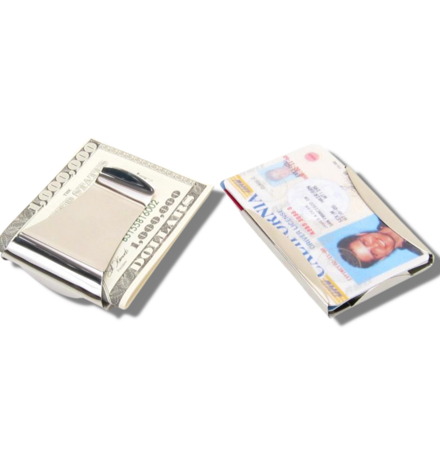 Storus Smart Money Clip polished stainless clip and card side shown side by side and filled