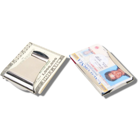 Storus Smart Money Clip polished stainless clip and card side shown side by side and filled