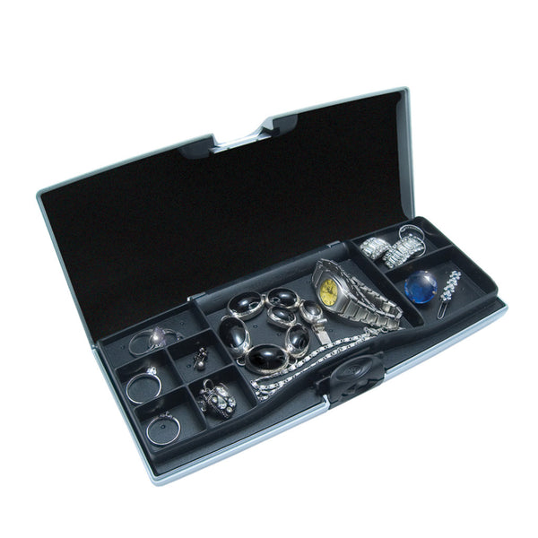 Smart Jewelry Case® - Silver - compartment side open and filled with jewelry