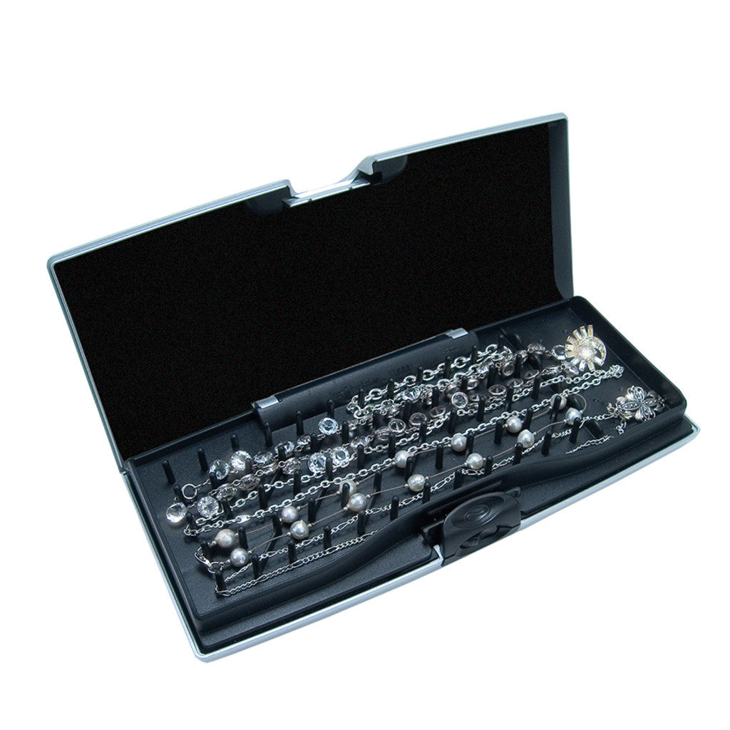 Smart Jewelry Case® - Silver -open peg side full of necklaces