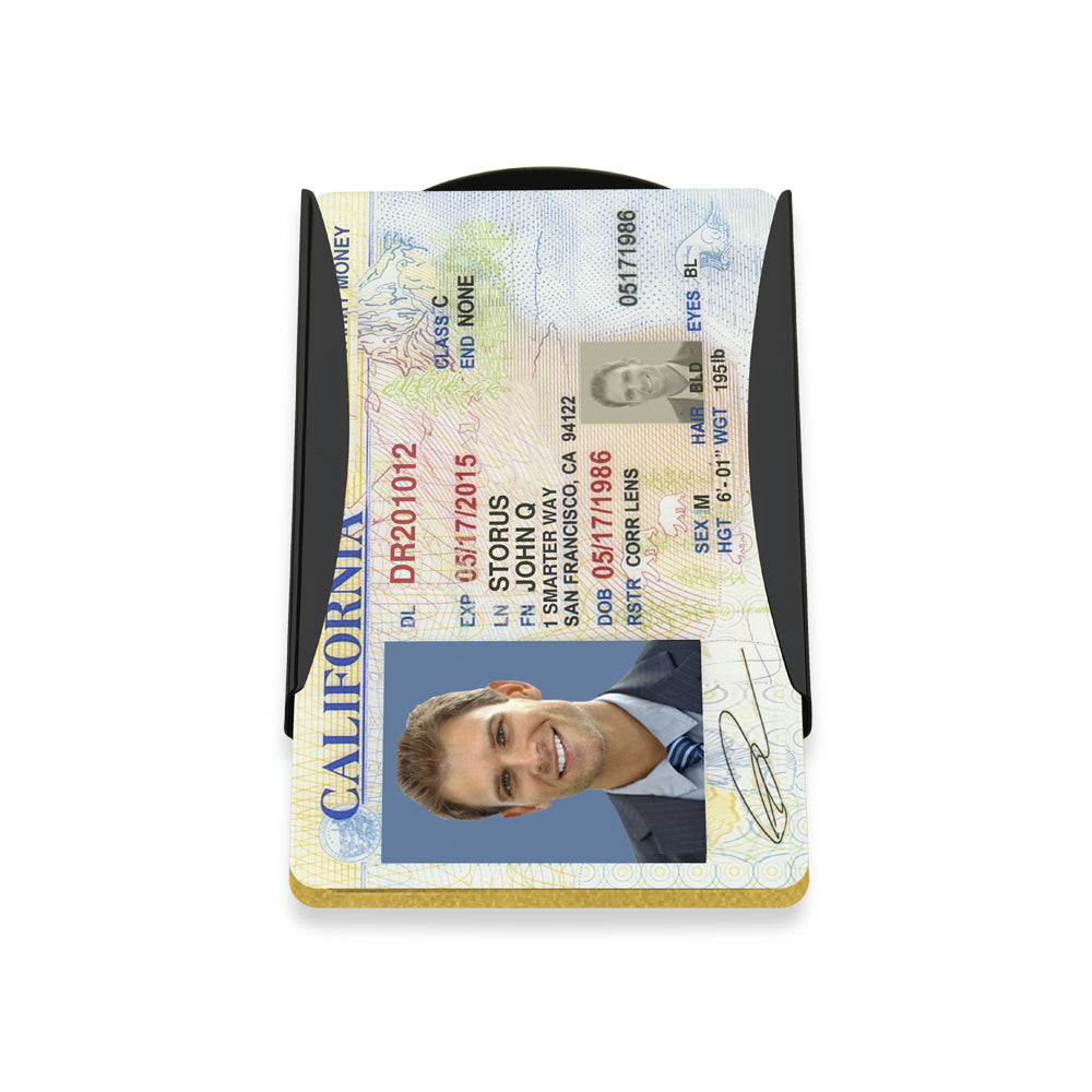 Storus Smart Money Clip Gun Metal card side shown with license