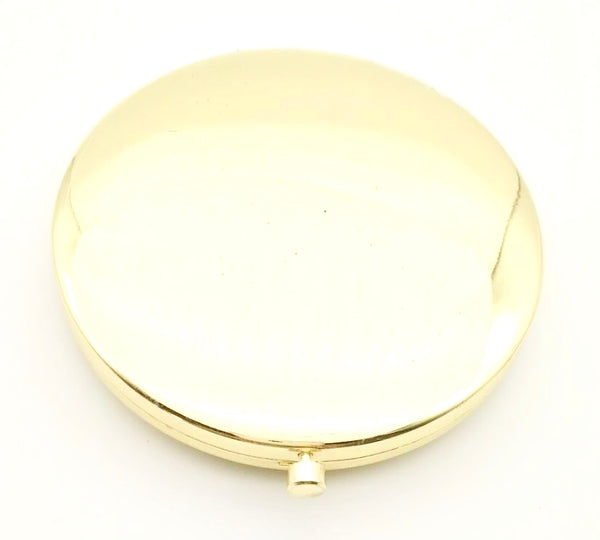 Mia Beauty Jeweled Compact mirror with gold metal and gold glass rhinestone  back side shown open
