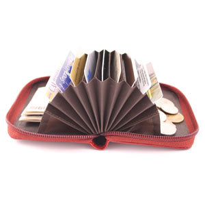 Storus Smart Accordion Wallet open and fanned filled with money and cards