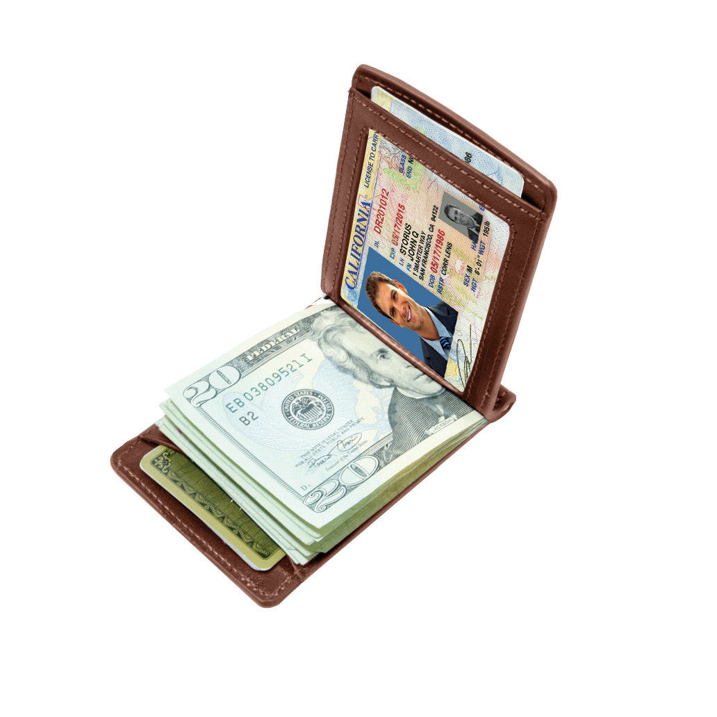 Storus Razor Wallet™ - Cognac color open view with cash and ID inside