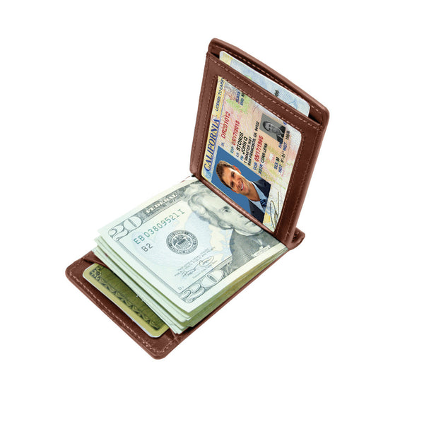 Storus Razor Wallet™ - Cognac color open view with cash and ID inside