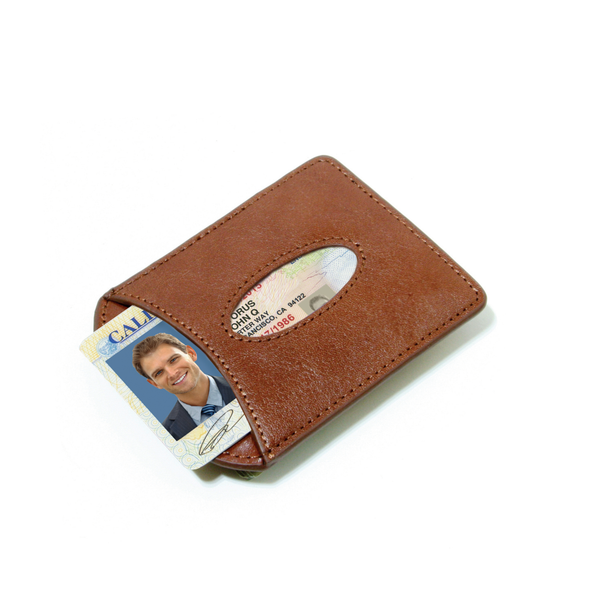 Smart Money Clip® Leather - Cognac - Storus - card side with driver's license inside