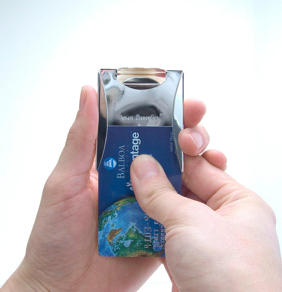 Storus® Smart Money Clip - polished Stainless - channel side shown with card being slid out - patented #ScottKaminski #Storus #man #moneyclip #wallet #lovethisproduct #mensaccessories 