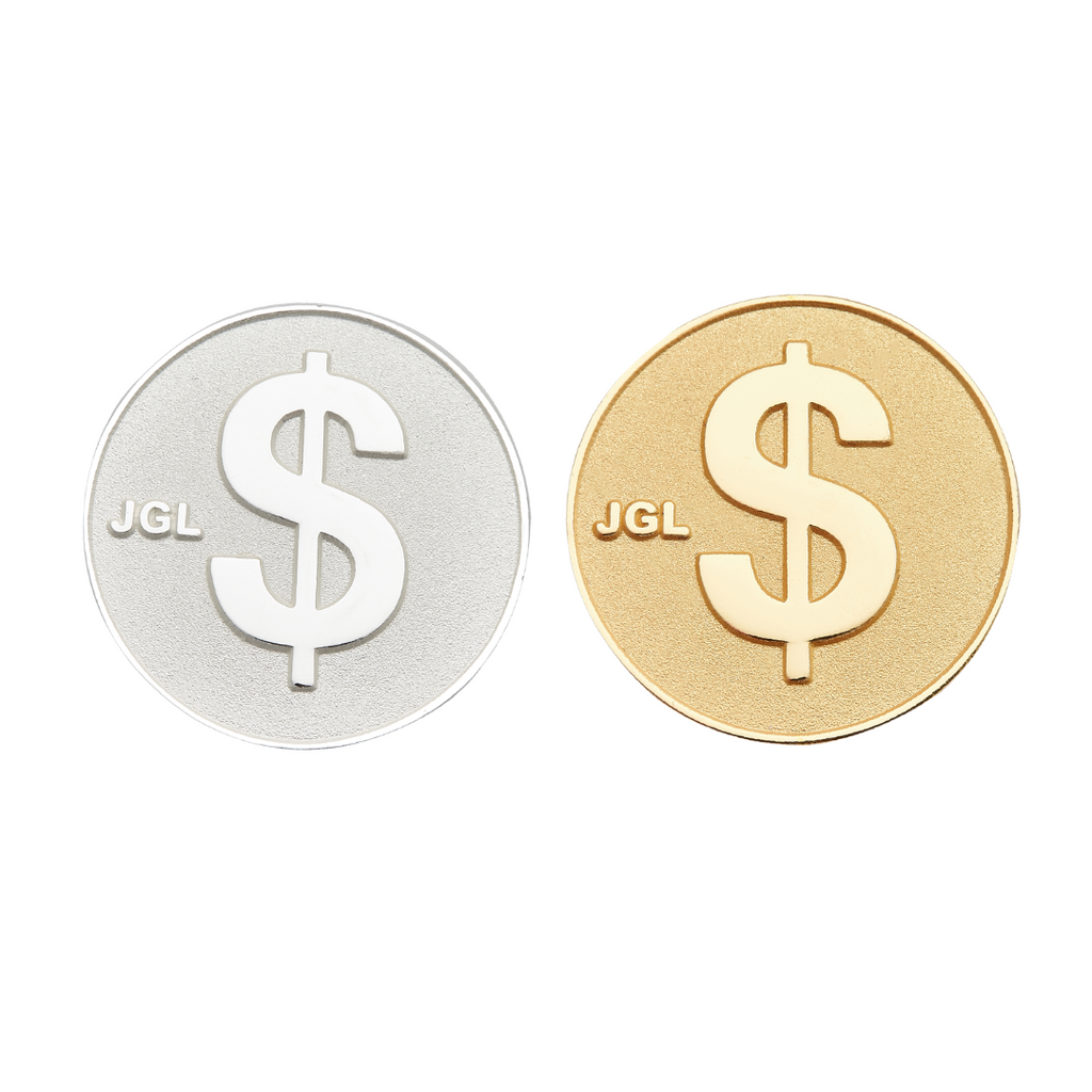 Storus JGL $ sign medallions in silver and gold