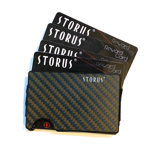 Storus Smart Wallet without screws front  side shown filled with Storus Rewards cards
