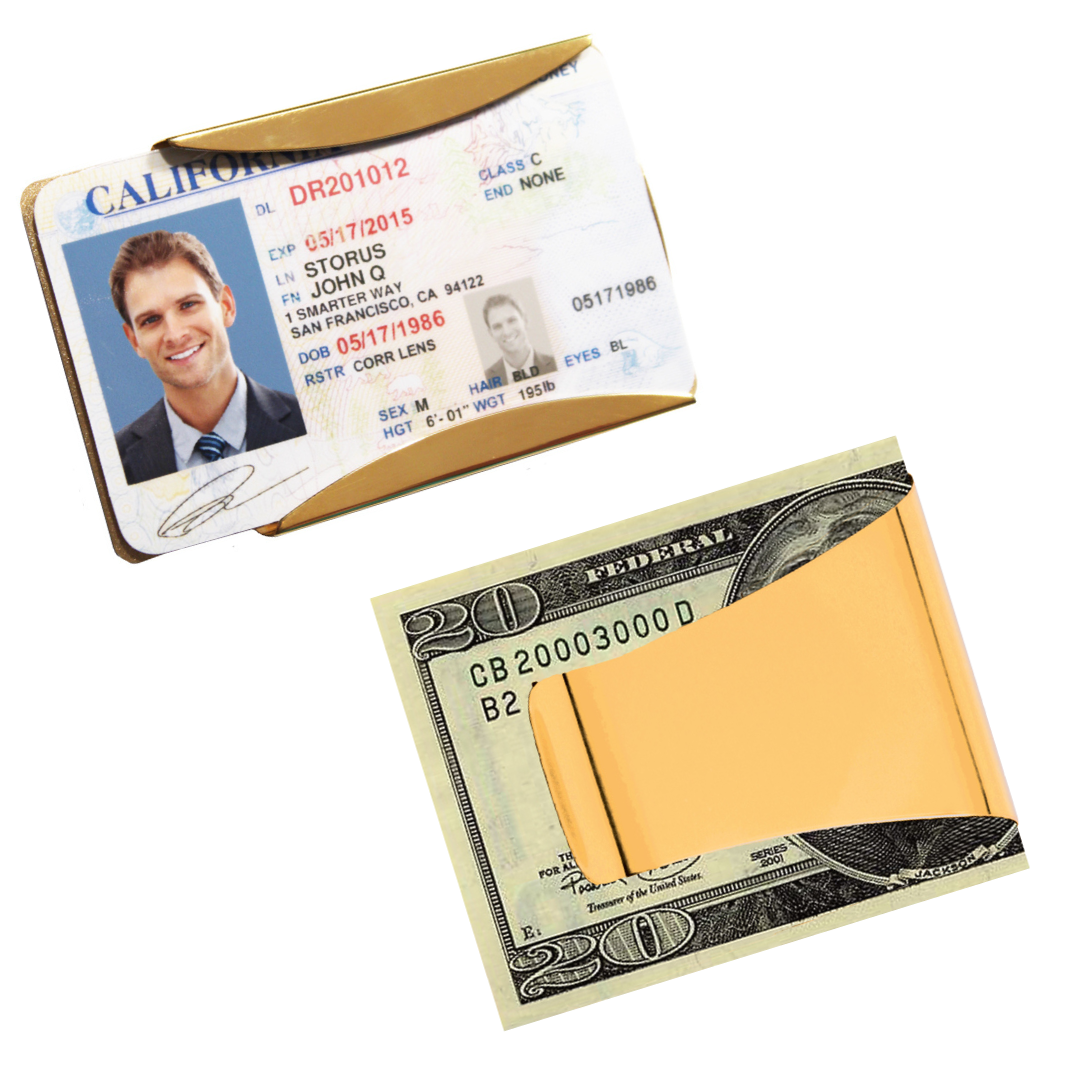 Storus Smart Money Clips in polished gold front and back shown side by side will drivers license and money inside